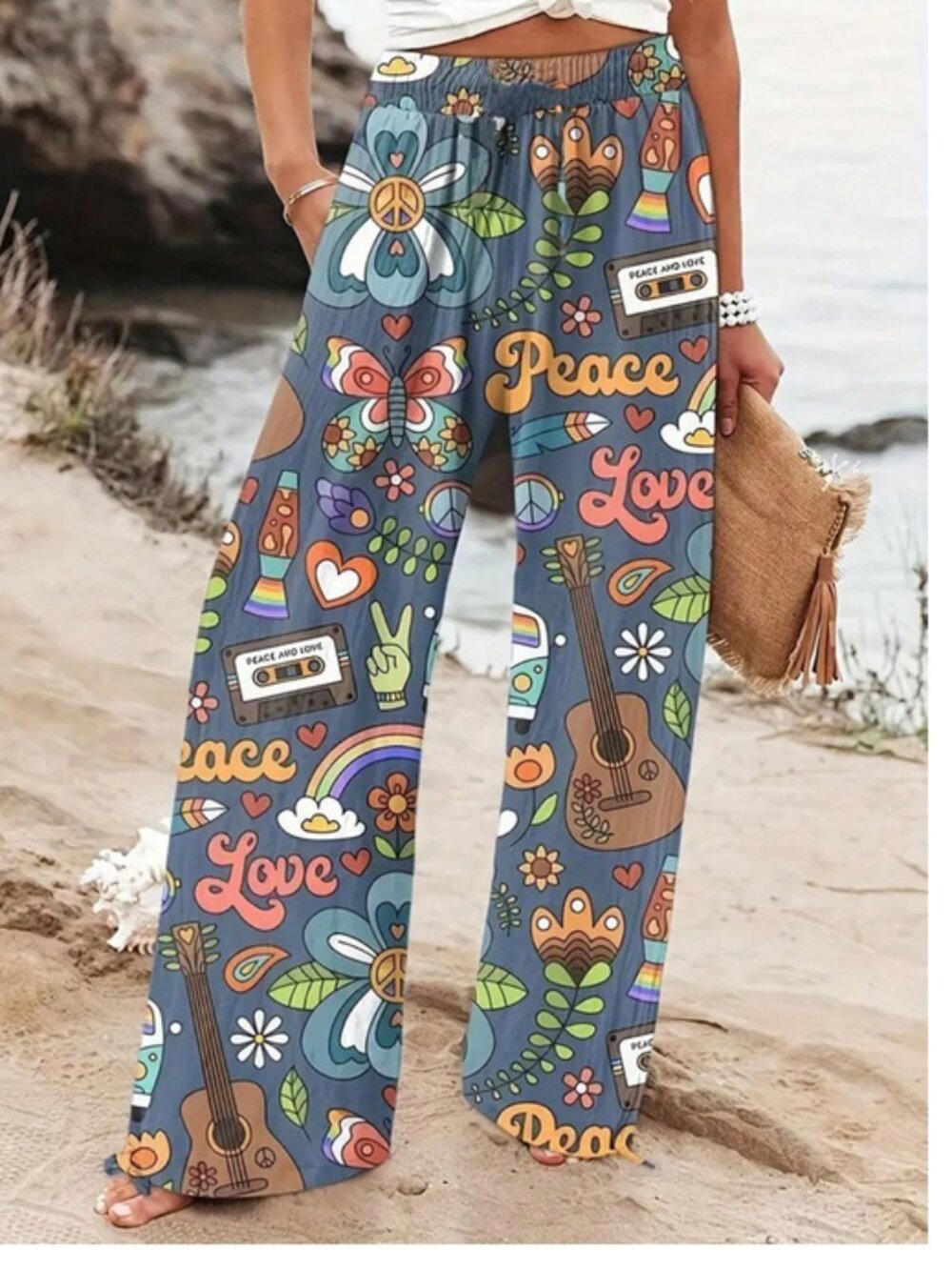 70's Print Wide Leg Pull On Pants 2X